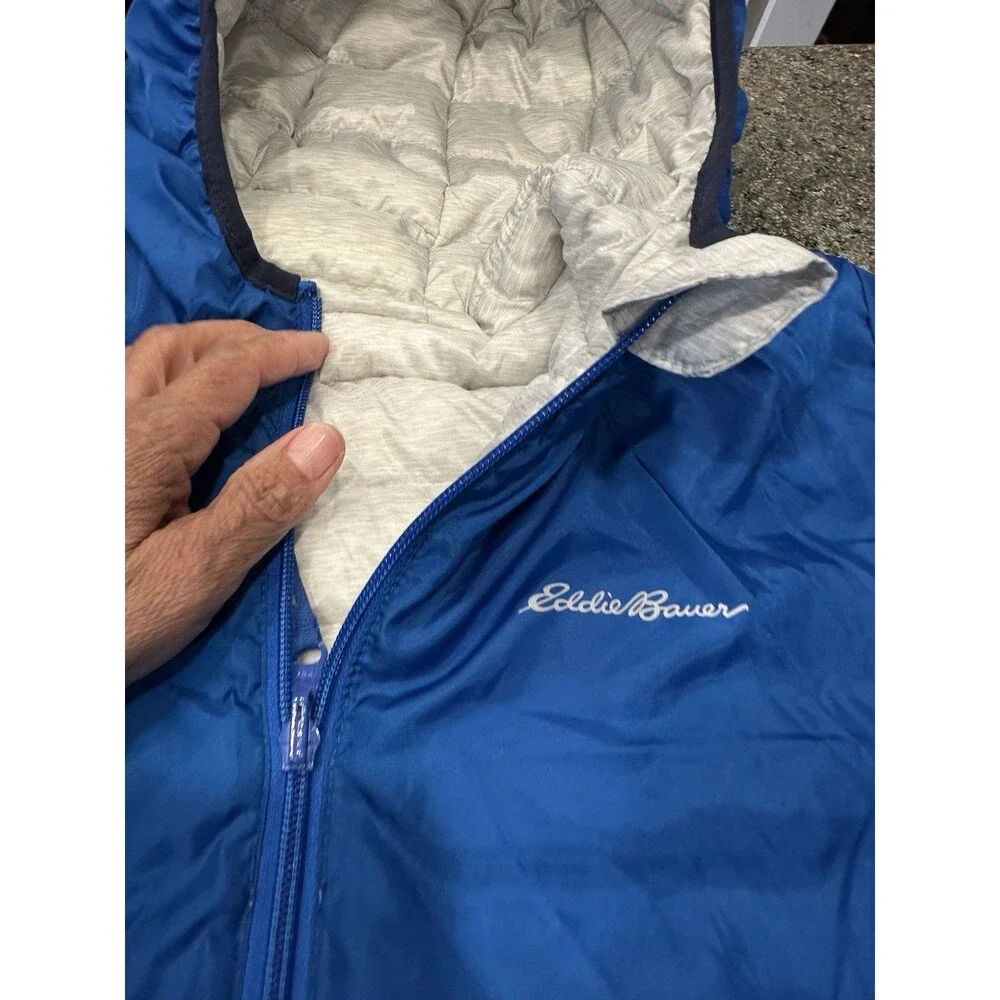 Eddie Bauer Boy's White And Navy Full Zip Hooded Puffer Coat Size M 10/12 Down j